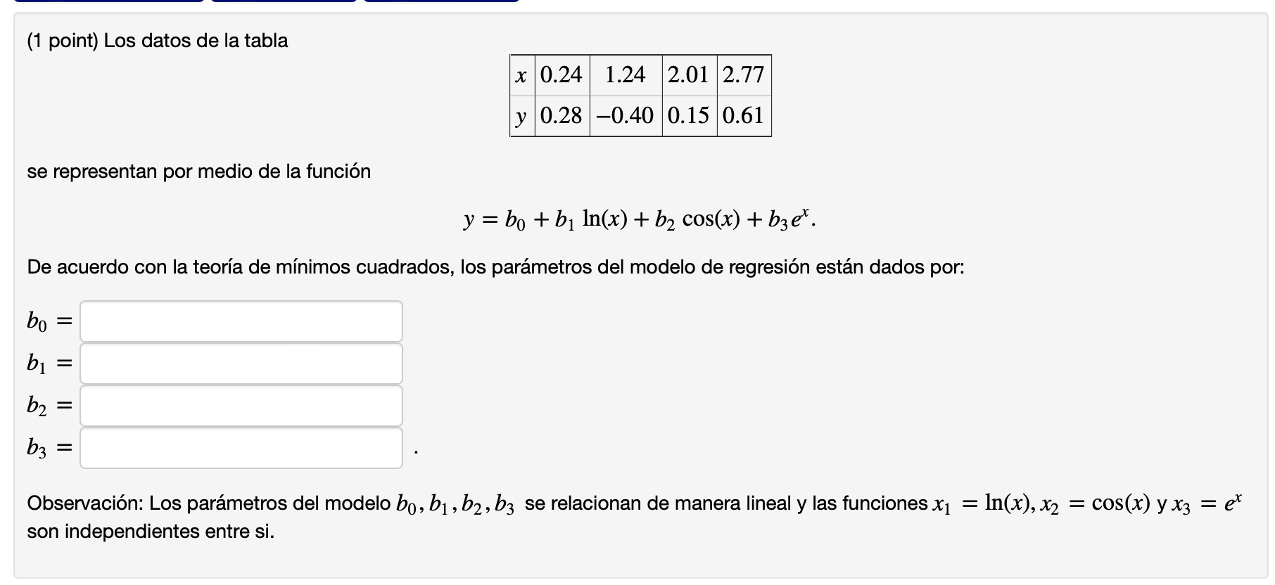 (1 point) Los datos de la tabla x 0.24 1.24 2.01 2.77 y 0.28-0.40 0.15 0.61 se representan por medio de la función y = bo + b