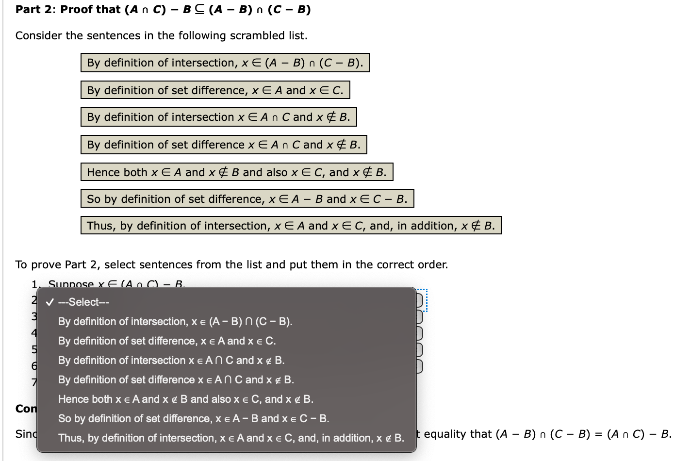 Solved Part 2: Proof That (An C) – B C (A - B) N (C – B) | Chegg.com