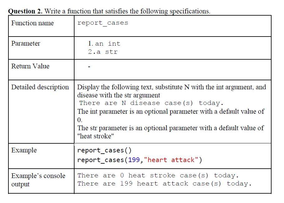 Solved Question 2. Write a function that satisfies the | Chegg.com
