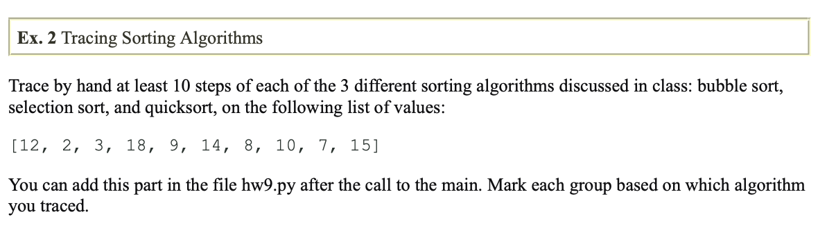Ex. 2 Tracing Sorting Algorithms Trace by hand at | Chegg.com