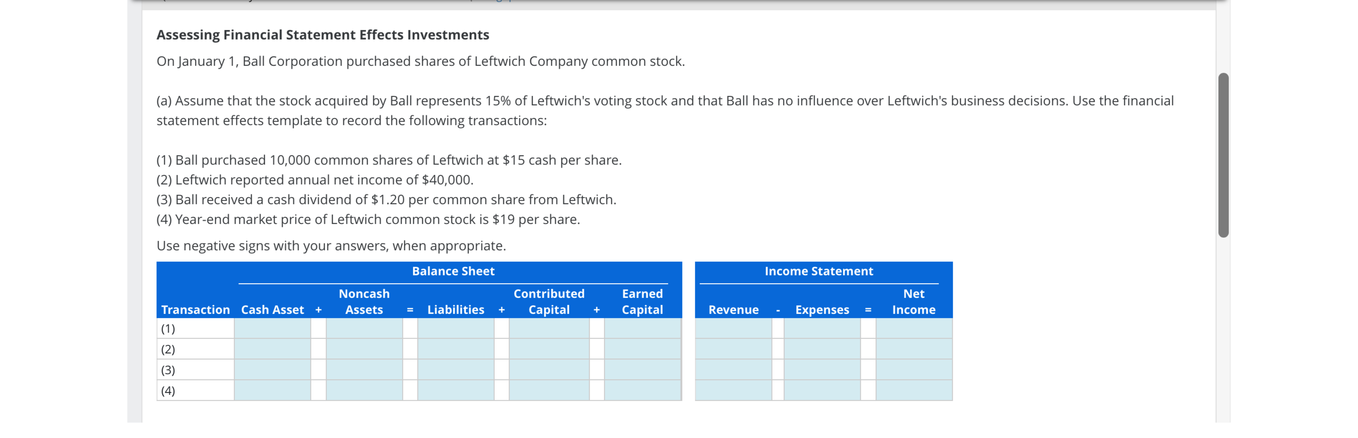 Solved Assessing Financial Statement Effects Investments (b) | Chegg.com