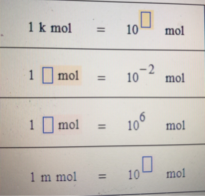 1 mol 6 x 10 23