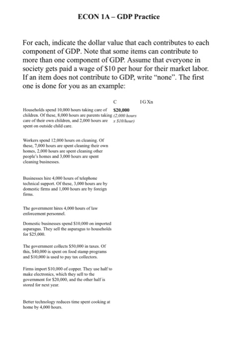 Solved ECON 1A GDP Practice For each indicate the dollar Chegg com