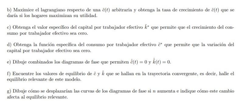 b) Maximice el lagrangiano respecto de una e(t) arbitraria y obtenga la tasa de crecimiento de č(t) que se daría si los hogar