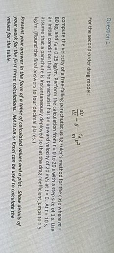 Solved Question 1 For the second-order drag model: dv Cd | Chegg.com