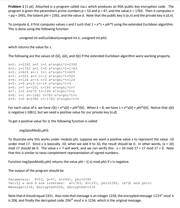 Solved Problem 1 [1 pt] Attached is a program called rsa.c | Chegg.com