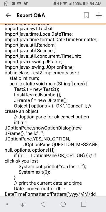NO 100% 18:54 AM + Expert Q&A W + import java.awt.Toolkit; import java.time.LocalDate Time; import java.time.format.Date Time