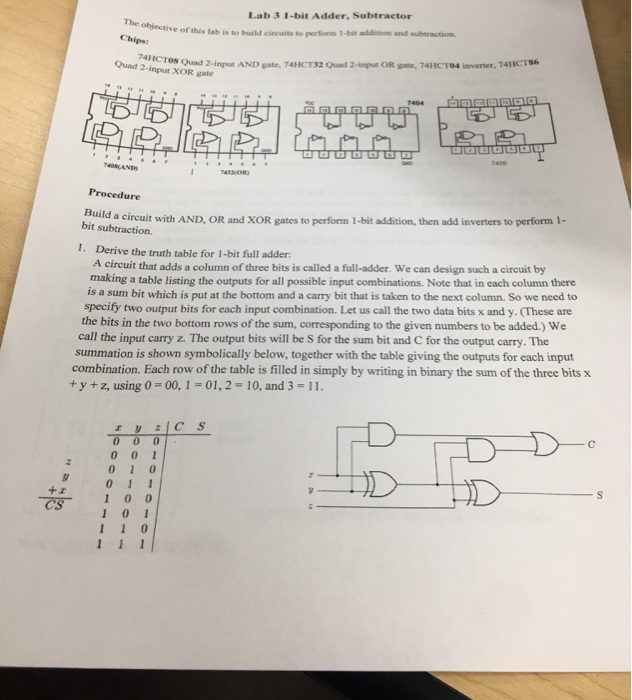 Solved Lab 3 1-bit Adder, Subtractor of this lab is to build | Chegg.com
