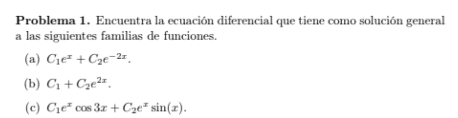 Problema 1. Encuentra la ecuación diferencial que tiene como solución general a las siguientes familias de funciones. (a) \(