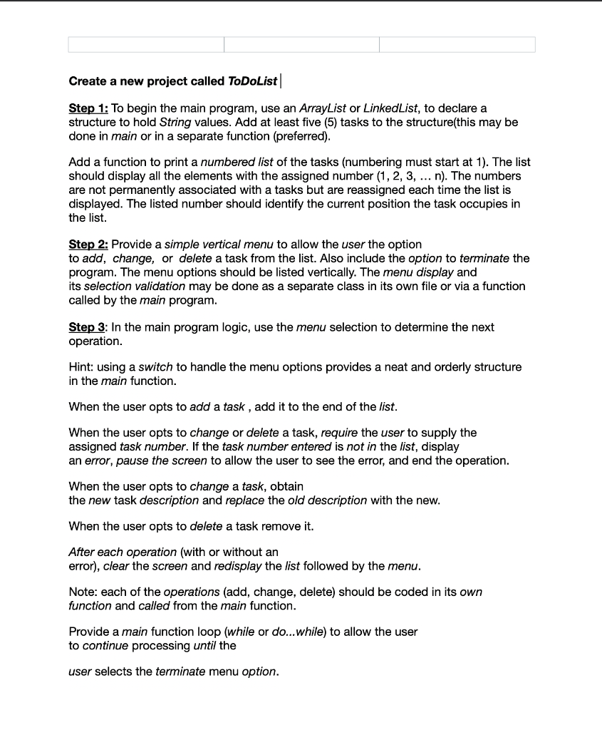 Solved Create a new project called ToDoList| Step 1: To | Chegg.com