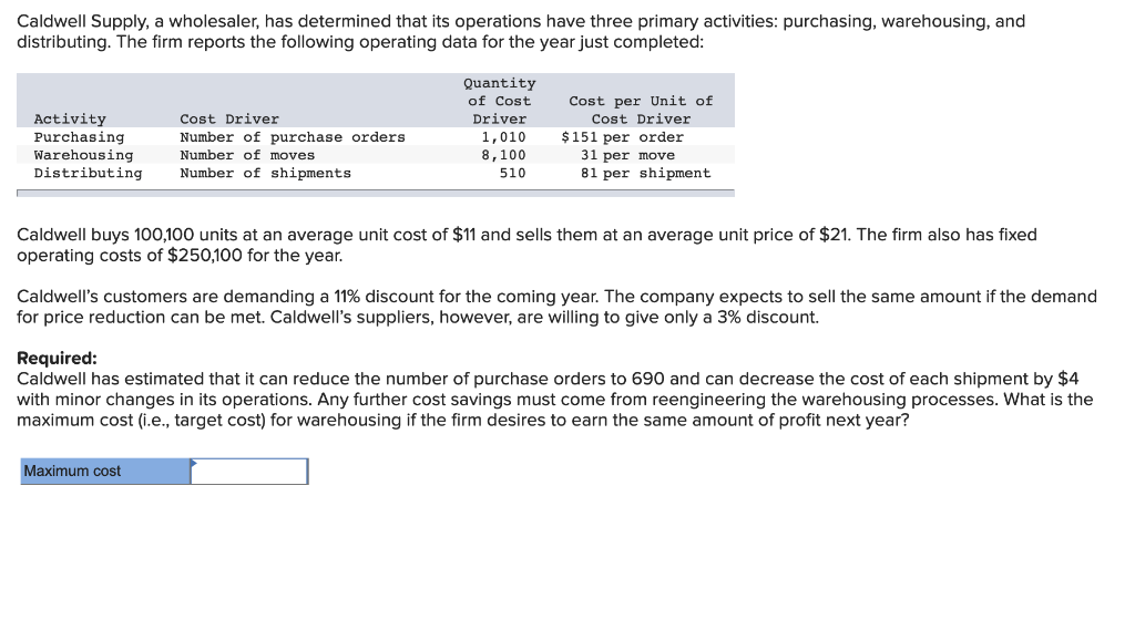 Solved Caldwell Supply, a wholesaler, has determined that