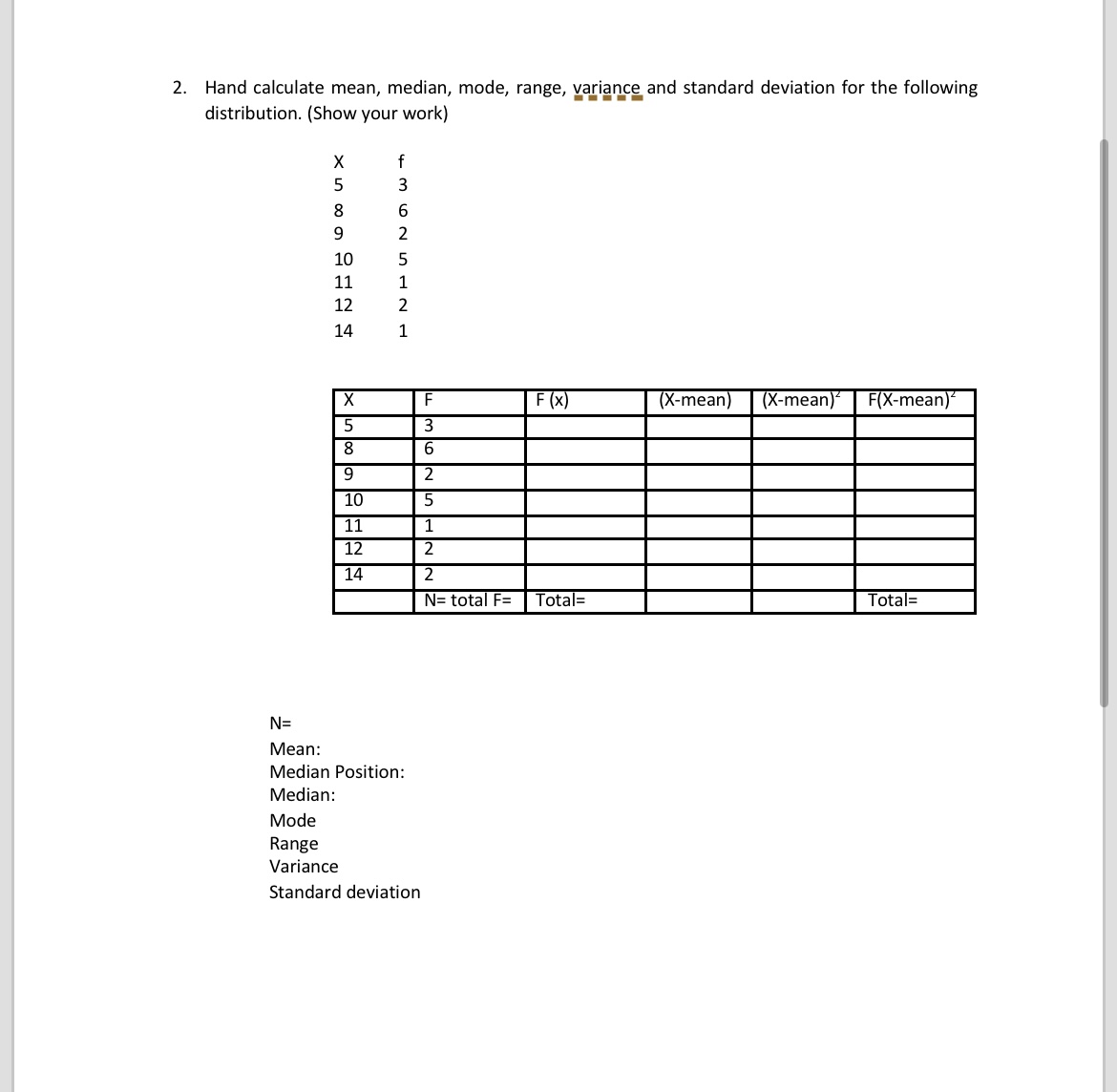 2. ﻿Hand calculate mean, median, mode, range,
