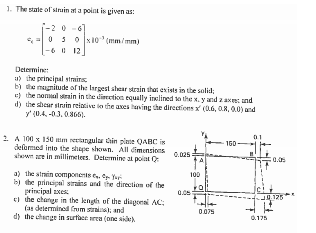 Solved 1. The state of strain at a point is given as: -2 0 e | Chegg.com