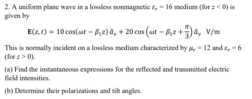 Solved 2. A uniform plane wave in a lossless nonmagnetic εr | Chegg.com
