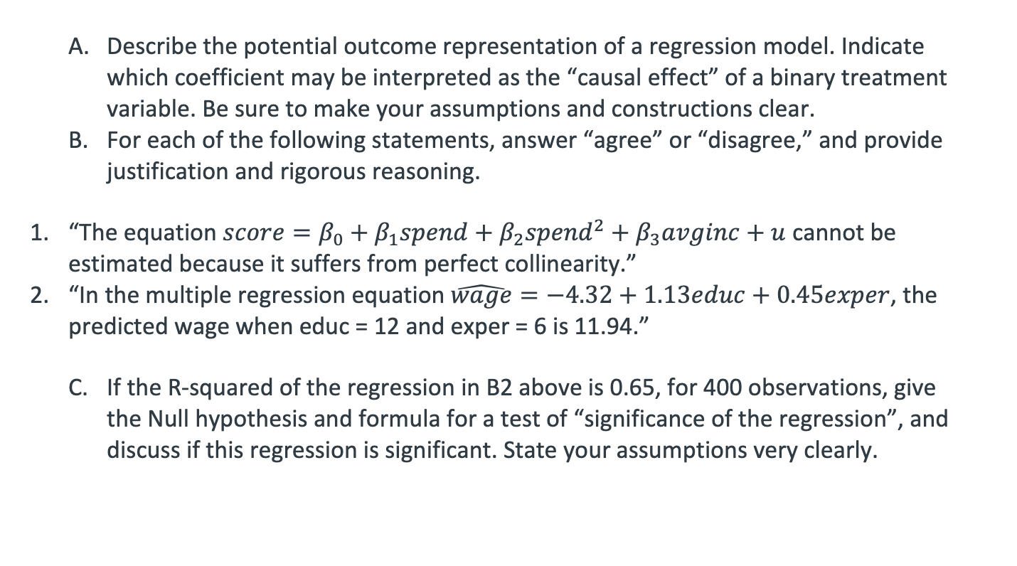 Solved A. Describe The Potential Outcome Representation Of A | Chegg.com