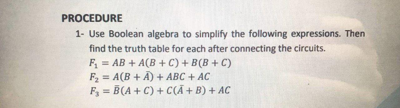 Solved PROCEDURE 1- Use Boolean Algebra To Simplify The | Chegg.com