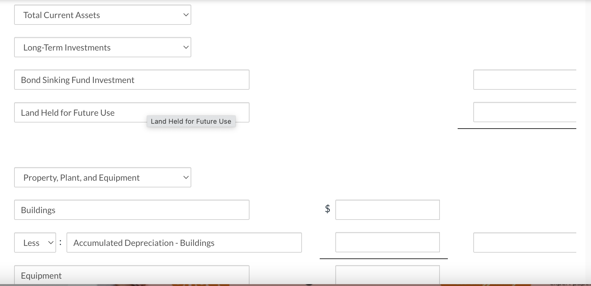 Equipment Land held for future use Intangible
