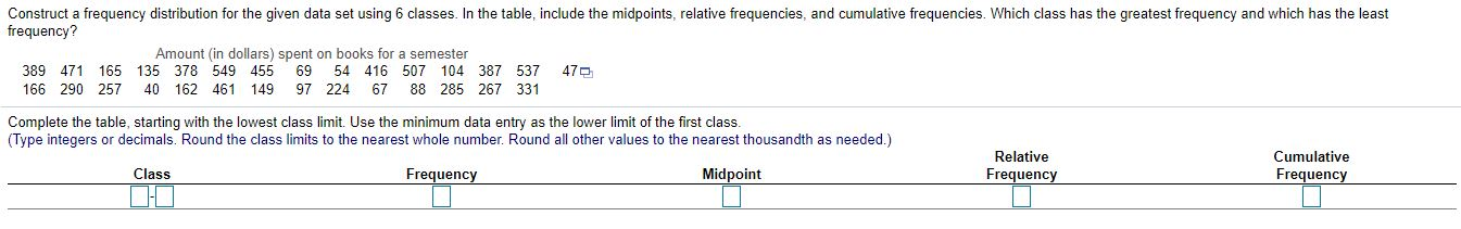 Solved Construct a frequency distribution for the given data | Chegg.com