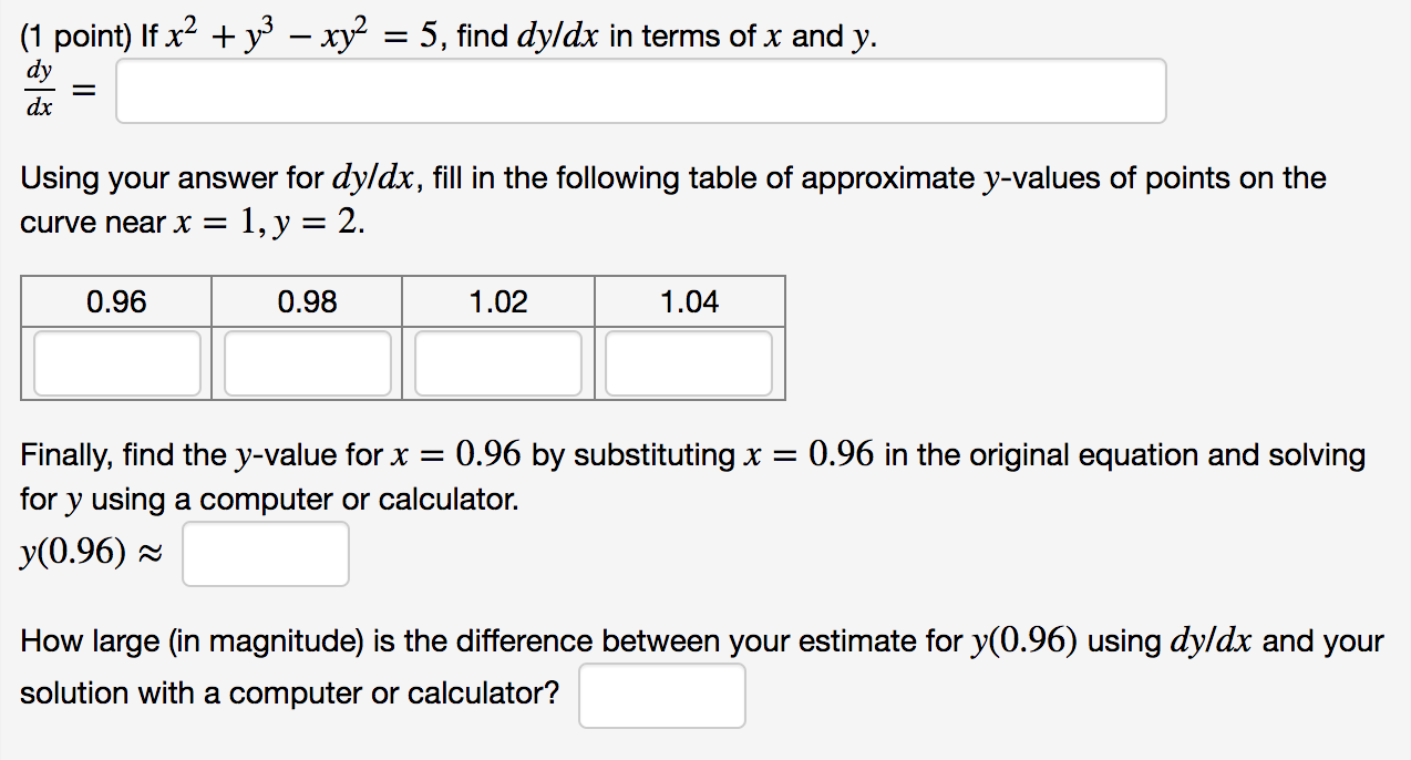 Solved 1 Point If X2 Y3 Xy2 5 Find Dyldx In Terms 5473