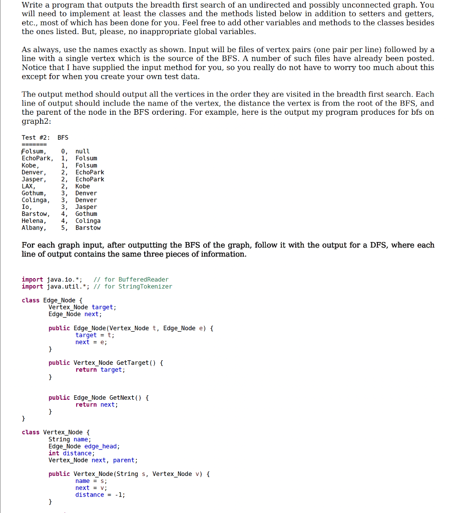 Solved Write a program that outputs the breadth first search | Chegg.com