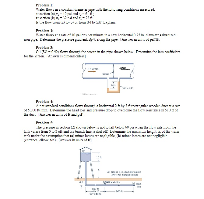 Solved Problem 1: Water flows in a constant diameter pipe | Chegg.com