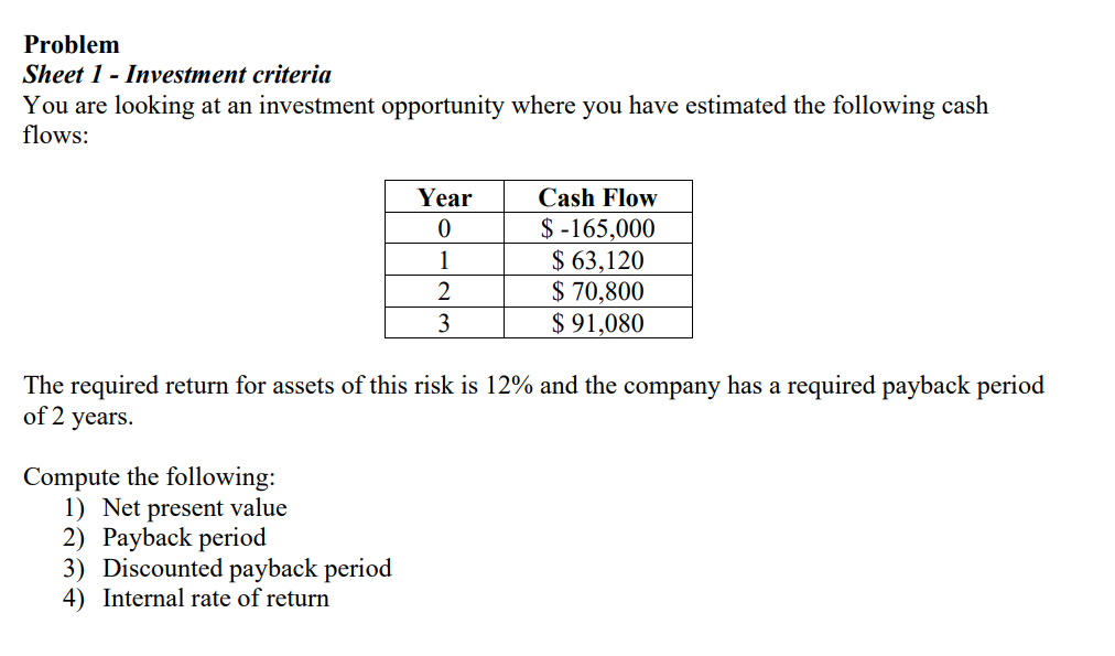 Solved Problem Sheet 1 - Investment criteria You are looking | Chegg.com