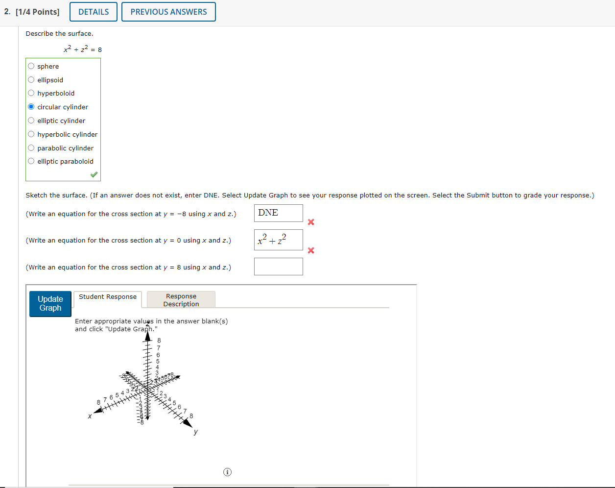 Solved Describe the surface. x2+z2=8 sphere ellipsoid | Chegg.com