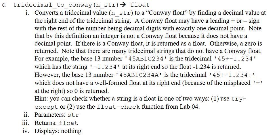 Solved c. tridecimal_to_conway (n_str) → float i. Converts a | Chegg.com