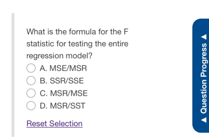 Solved What is the formula for the F statistic for testing | Chegg.com