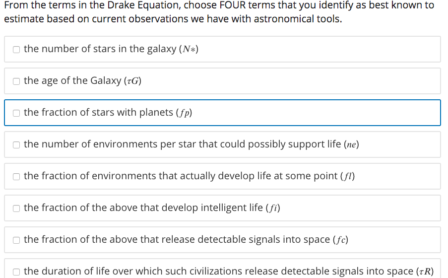 Solved From The Terms In The Drake Equation, Choose FOUR | Chegg.com