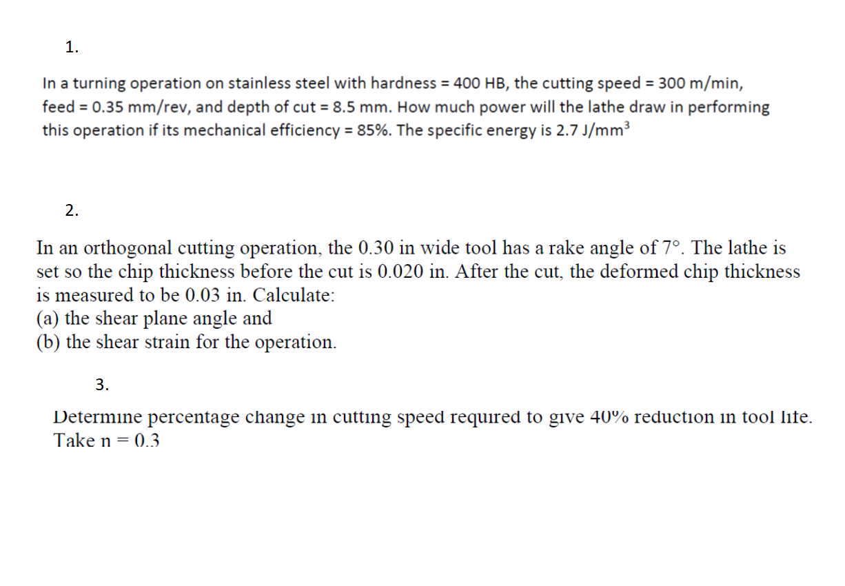 Solved In a turning operation on stainless steel with