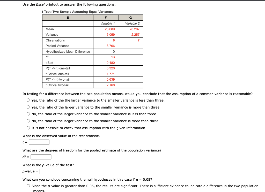 Solved Use The Excel Printout To Answer The Following Chegg