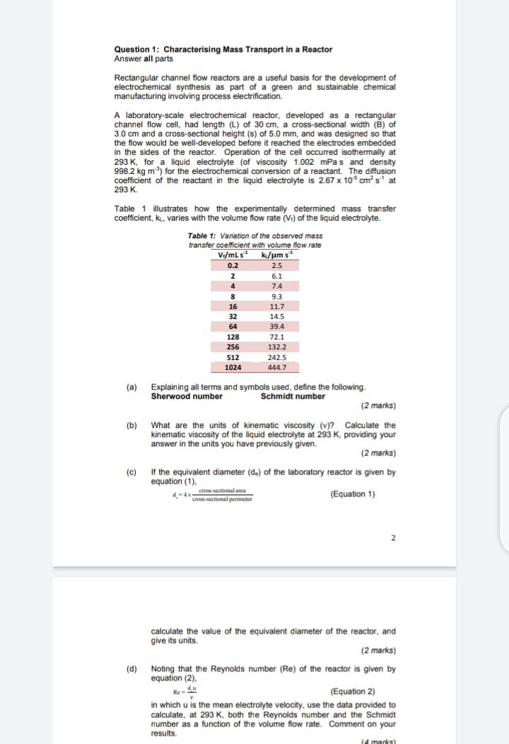 Solved Question 1: Characterising Mass Transport in a | Chegg.com