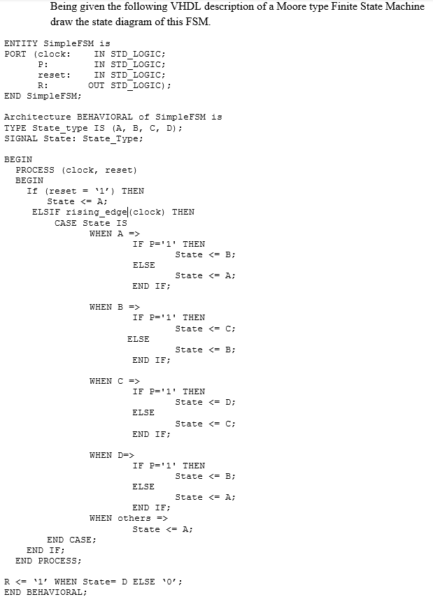 Solved Being given the following VHDL description of a Moore | Chegg.com