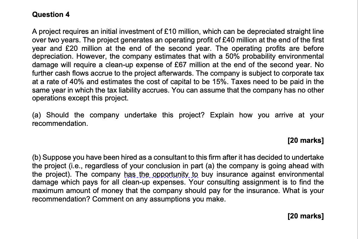 Solved Question 4 A project requires an initial investment | Chegg.com