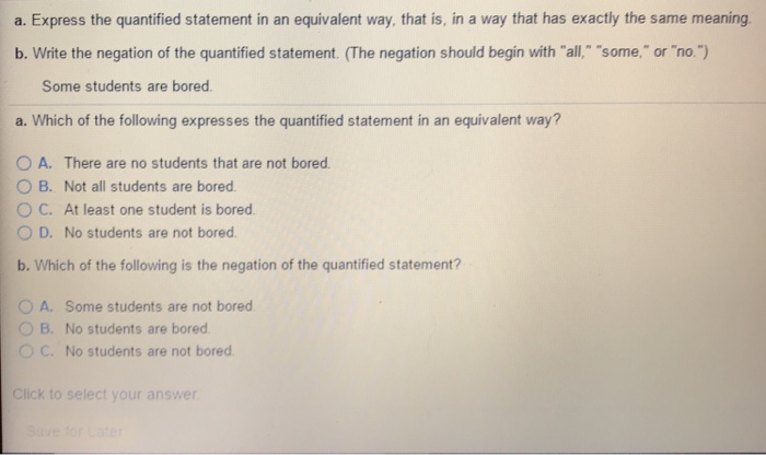 Solved a. Express the quantified statement in an equivalent | Chegg.com