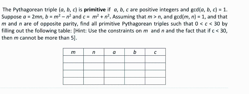 Solved The Pythagorean Triple (a, B, C) Is Primitive If A, | Chegg.com