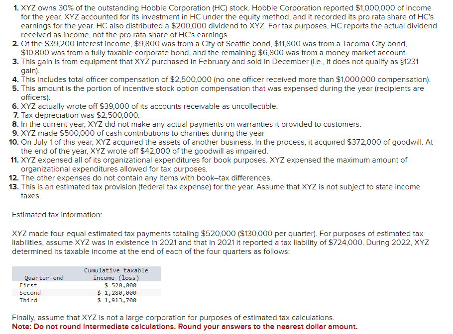 Compute XYZ's taxable income. b. Compute XYZ's | Chegg.com