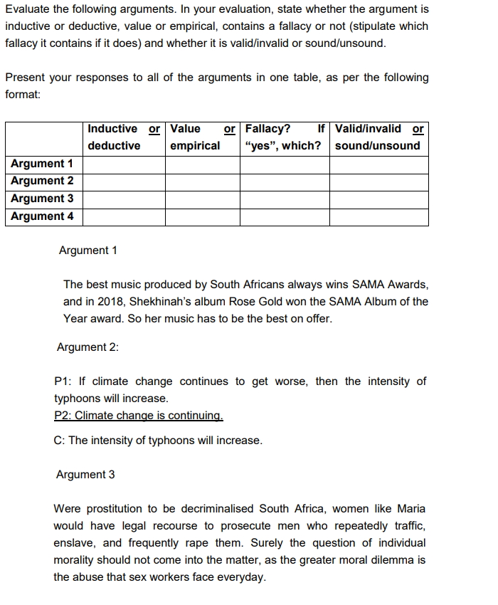Solved Evaluate the following arguments. In your evaluation, | Chegg.com