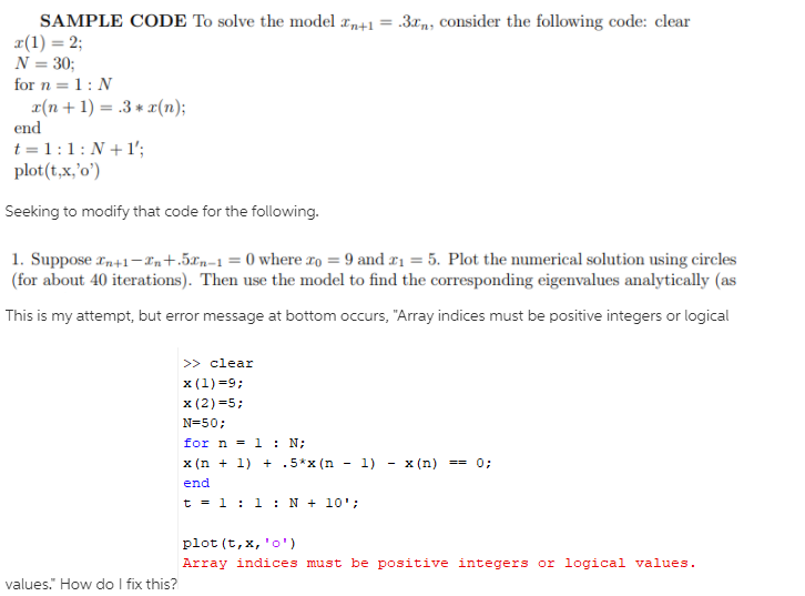 Solved SAMPLE CODE To solve the model In+1 = .31n, consider | Chegg.com