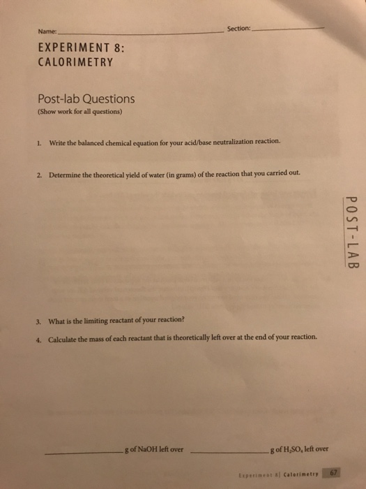 Section Name EXPERIMENT 8 CALORIMETRY Postlab