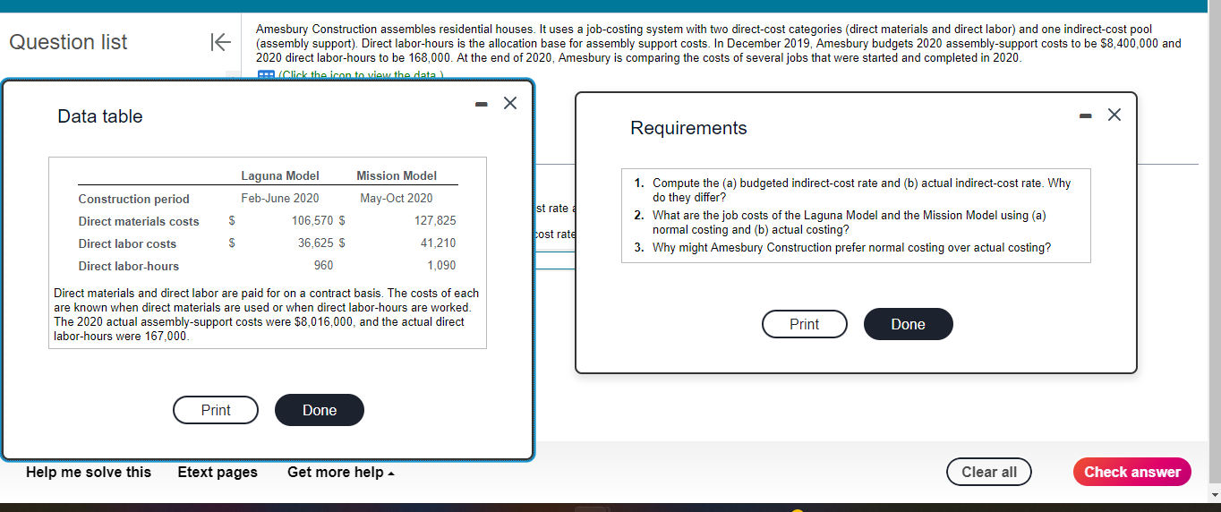 Solved Amesbury Construction assembles residential houses.