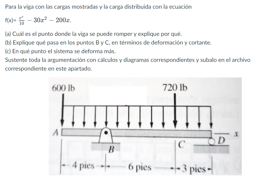 Para la viga con las cargas mostradas y la carga distribuida con la ecuación \[ f(x)=\frac{e^{x}}{10}-30 x^{2}-200 x \text {.