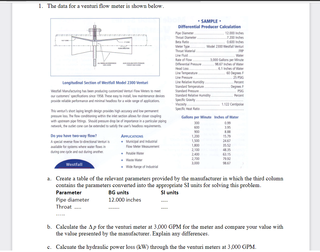 Solved 1. The data for a venturi flow meter is shown below.