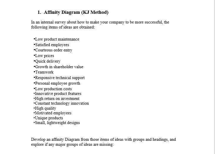 Solved 1. Affinity Diagram (KJ Method) In an internal survey | Chegg.com