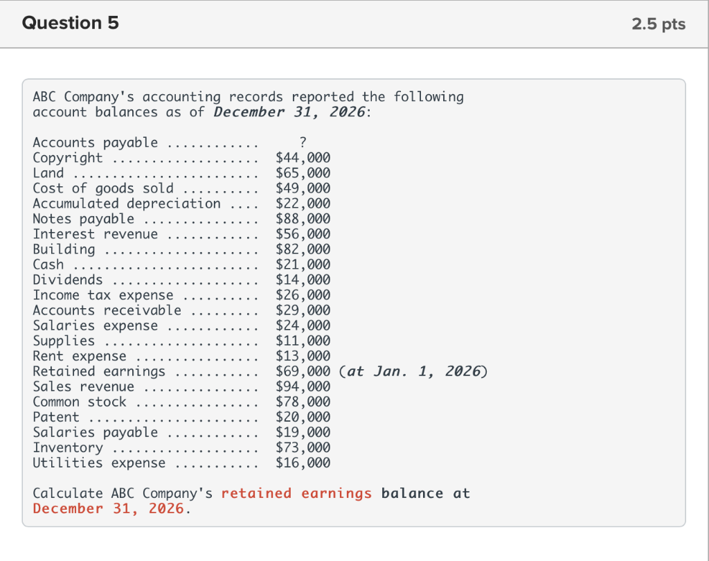 Solved Question 5 2.5 pts ABC Company's accounting records | Chegg.com