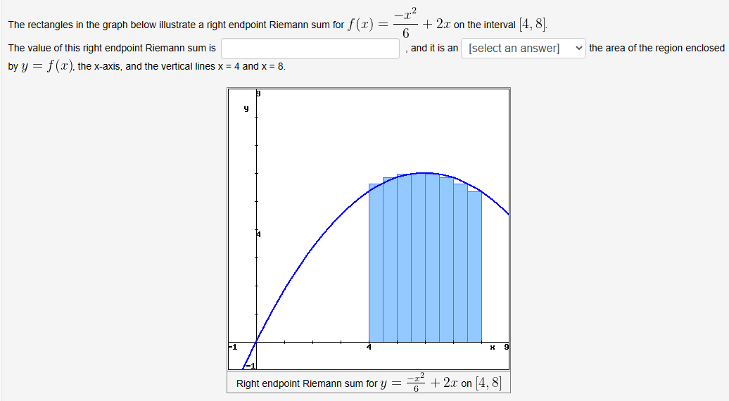 The rectangles in the graph below illustrate a right endpoint Riemann sum for \( f(x)=\frac{-x^{2}}{6}+2 x \) on the interval