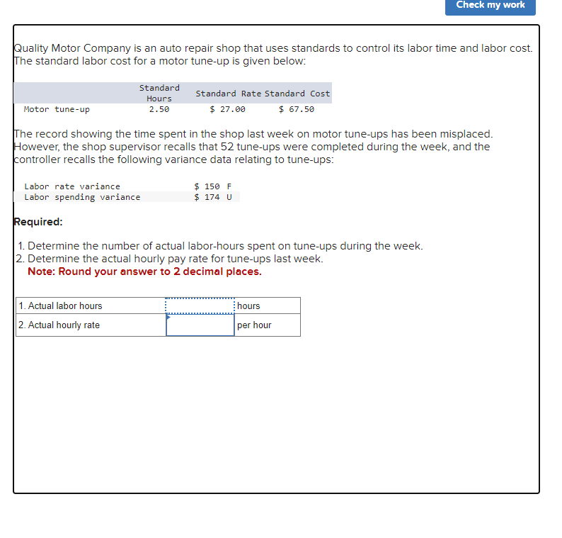 Solved Quality Motor Company is an auto repair shop that