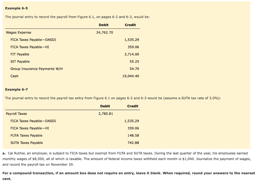 Solved Example 6-5 The journal entry to record the payroll | Chegg.com