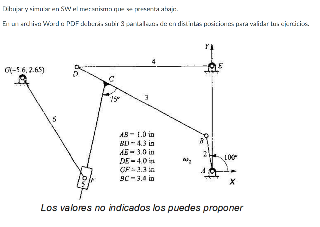 Dibujar y simular en SW el mecanismo que se presenta abajo. En un archivo Word o PDF deberás subir 3 pantallazos de en distin